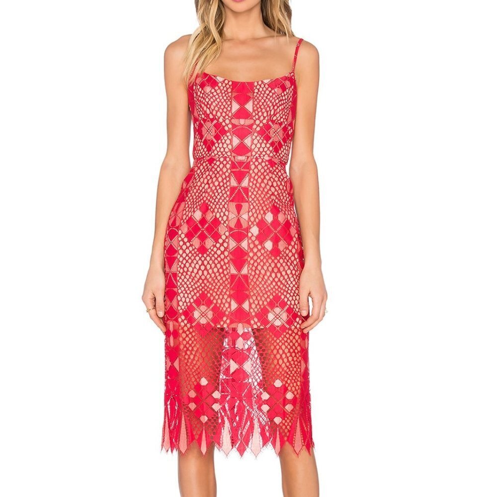 BCBGMAXAZRIA x REVOLVE $258 Aliese Red Midi Dress, Eyelet dress, size 0